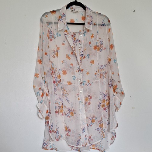 Hope Springs Sheer Floral Button-Front Collared Long Sleeve Blou