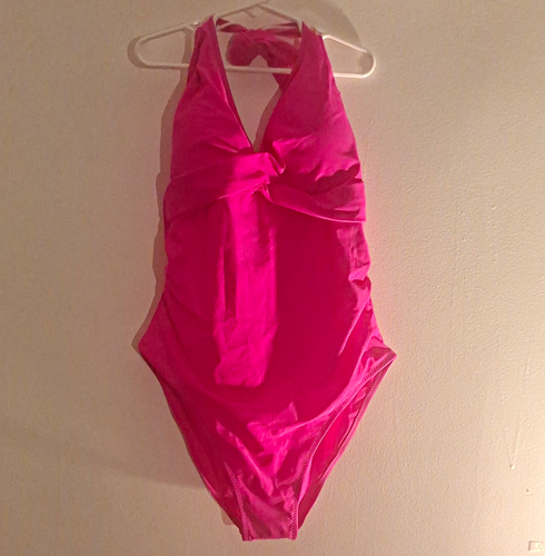 Women’s Pink Solid Halter One-Piece Swimsuit Tie Front Lined Siz