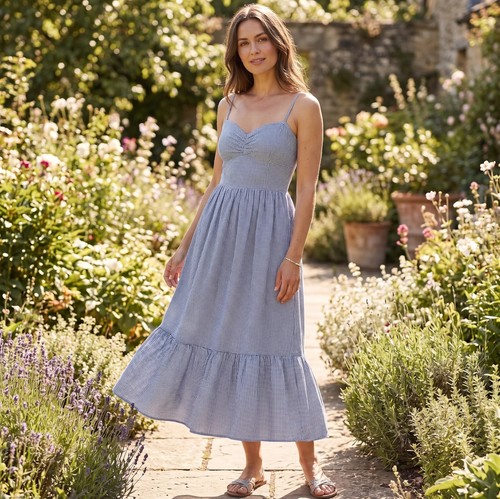 Draper James Blue/White Gingham Smocked Ruffle Midi Dress, L
