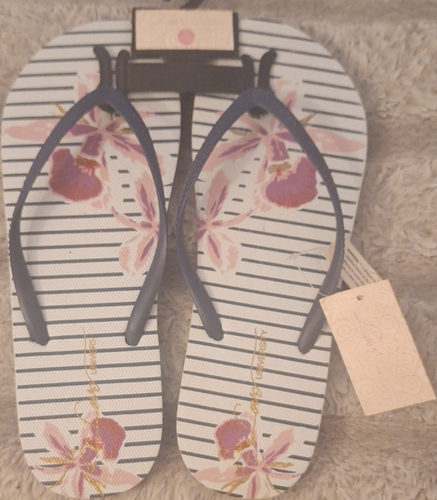 Love University Women's Floral Striped Flip Flops White Navy 11/
