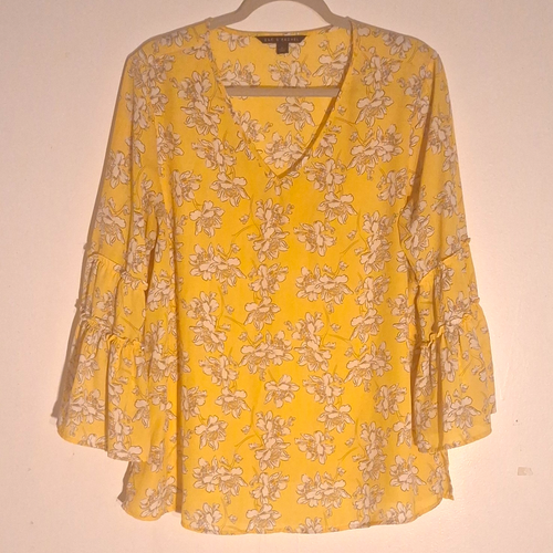 ZAC & RACHEL Yellow White Floral Ruffle V-Neck Blouse L