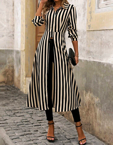 Black/White Striped Shirt Dress Button Front Collared 3/4 Sleeve