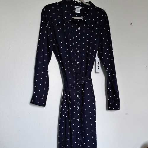 DKNY Navy/White Polka Dot Belted Shirt Dress Size 16