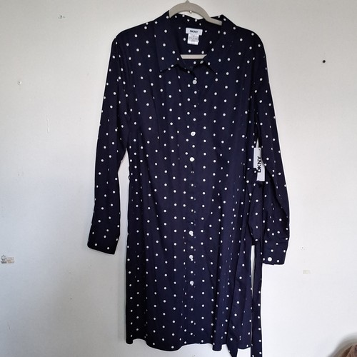 DKNY Navy/White Polka Dot Belted Shirt Dress Size 16 - photo 5