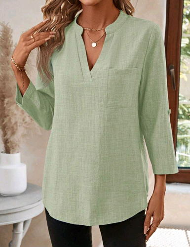 Green Solid Tunic Blouse V-Neck Pullover 3/4 Sleeve Regular Wome