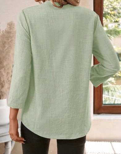 Green Solid Tunic Blouse V-Neck Pullover 3/4 Sleeve Regular Wome - photo 2