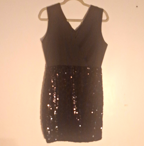 Black Solid Sequin Bodycon Dress Sleeveless V-Neck Short, L