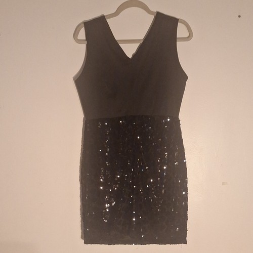 Black Solid Sequin Bodycon Dress Sleeveless V-Neck Short, L - photo 4