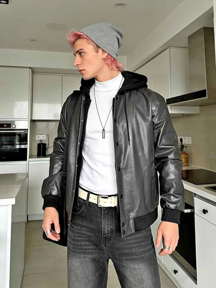 Brand New RAOENJADO Men's Faux Leather Hooded Bomber Jacket