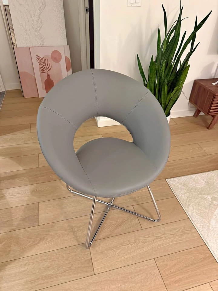 2 Modern Grey Faux Leather Donut Accent Chair with Chrome Base