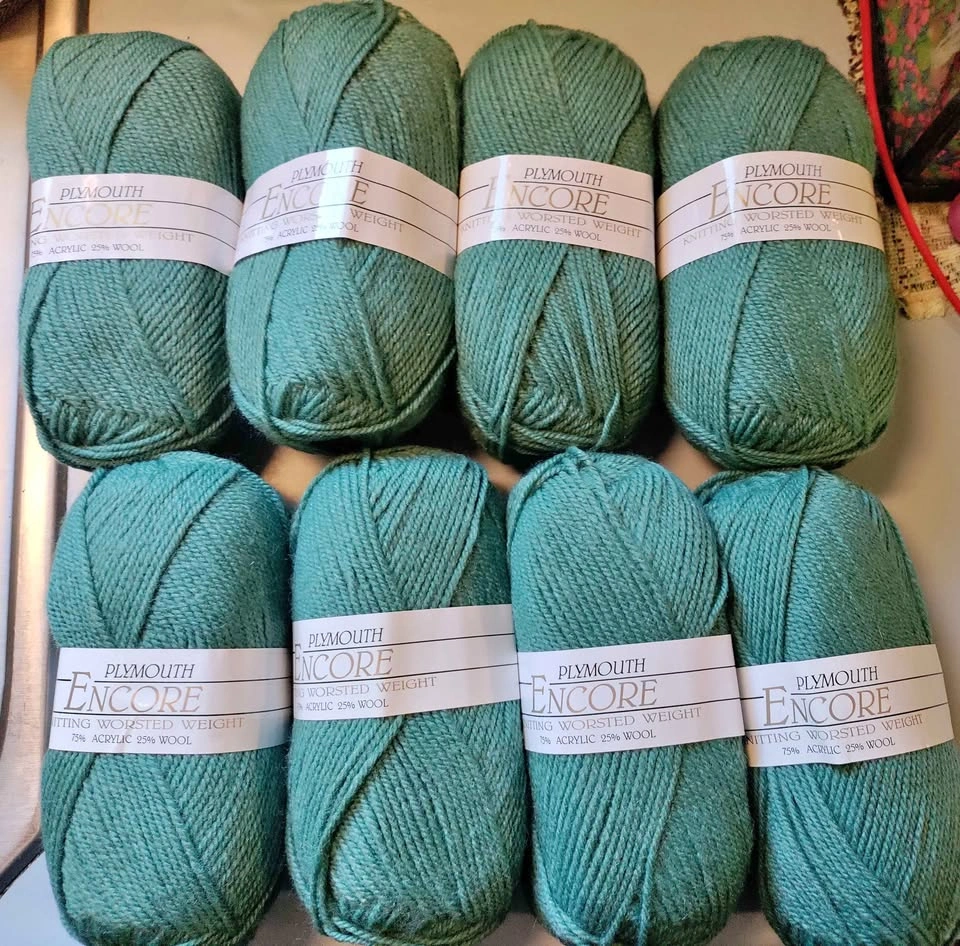Lot of 8 Plymouth Encore Yarn (9401 - Greenstone - Dye lot 21466