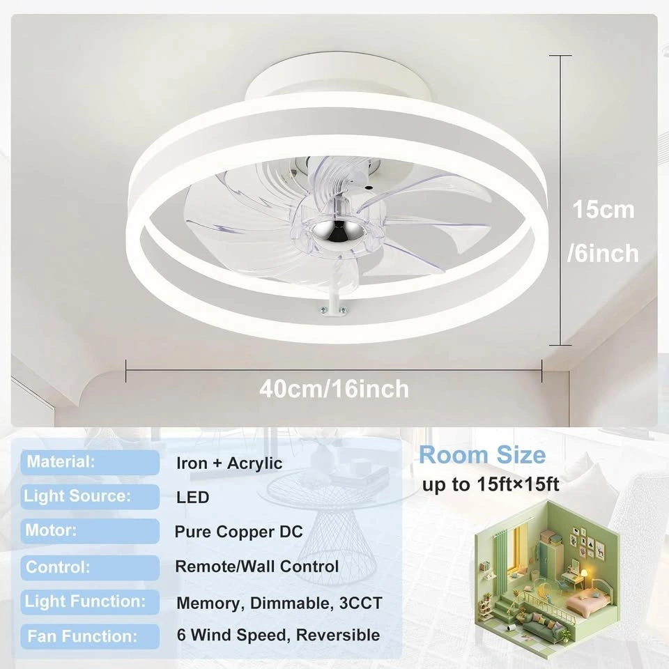 RIYNFO 16" Bladeless Ceiling Fan with LED Light & Remote - photo 2