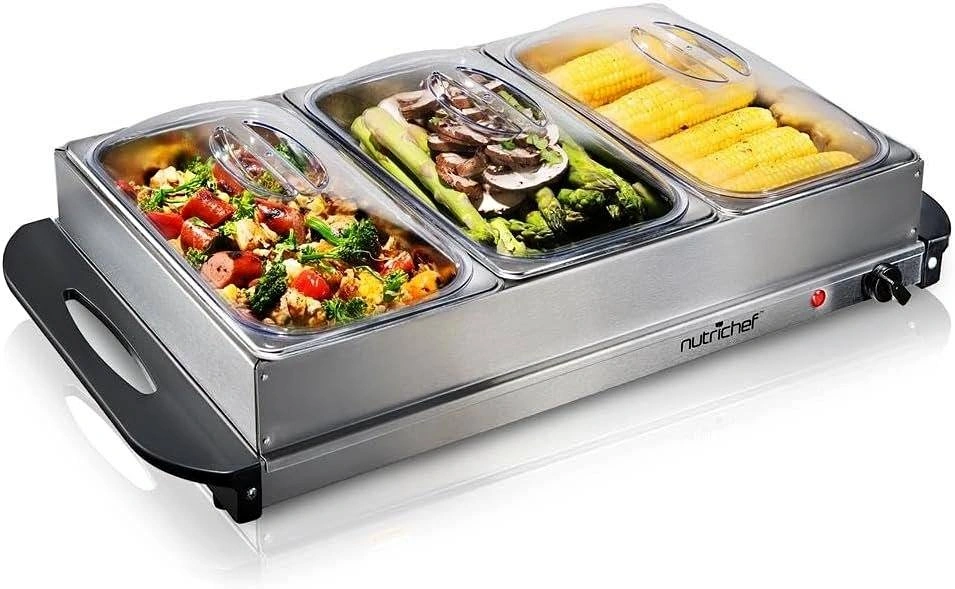 NutriChef 3-Tray Buffet Server & Food Warmer – Stainless Steel