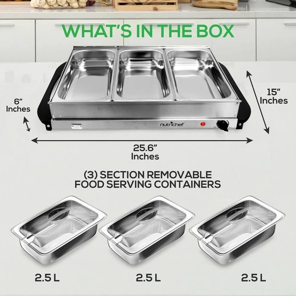 NutriChef 3-Tray Buffet Server & Food Warmer – Stainless Steel - photo 2