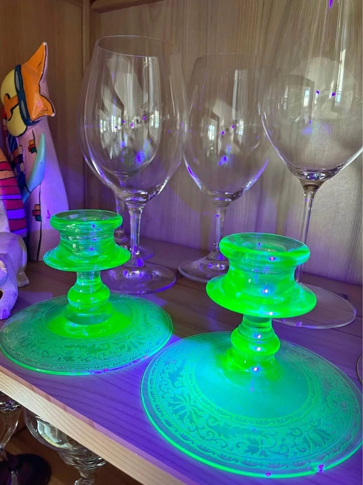 Pair of Vintage 1930s Green Uranium Glass Candlesticks