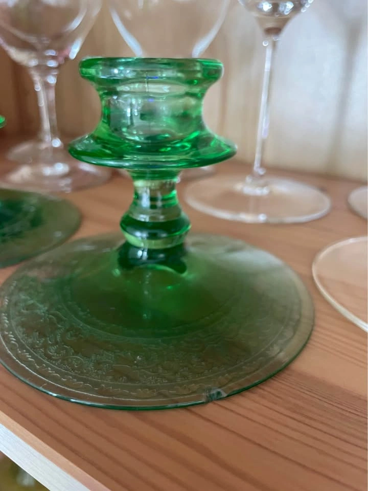 Pair of Vintage 1930s Green Uranium Glass Candlesticks - photo 3