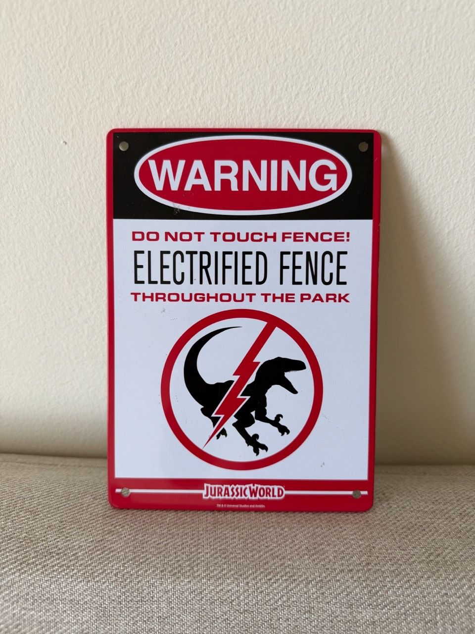 Jurassic World "Warning Electrified Fence" Metal Tin Sign