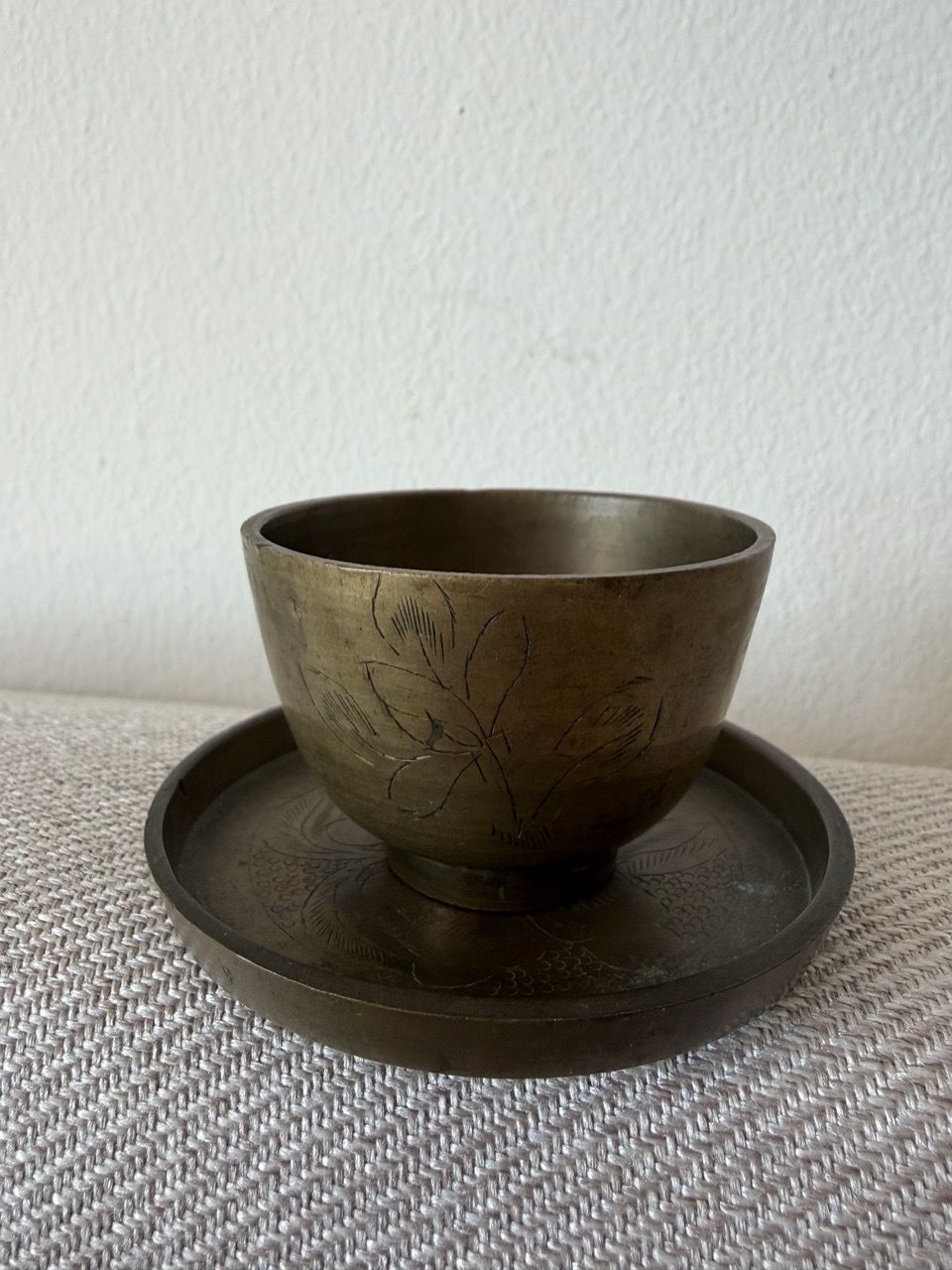 Vintage Hand-Engraved Brass Wine / Tea Cup & Saucer Set
