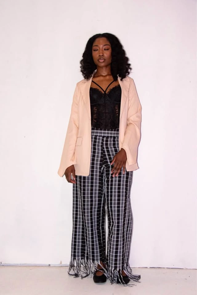 Black and white pants with fringe at bottom - photo 2
