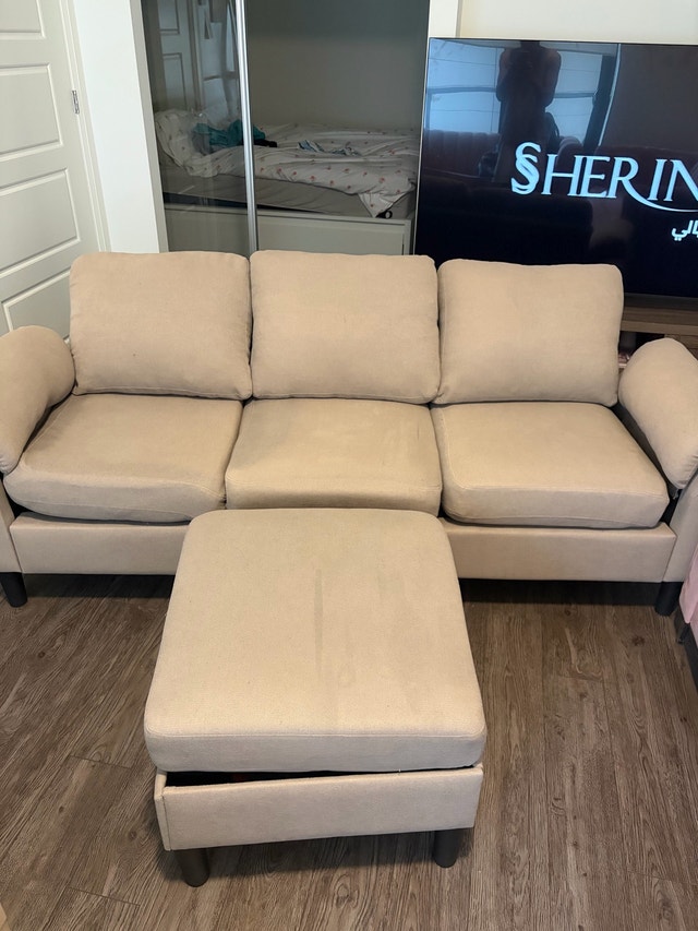 Beige Three-Seater Sofa with Matching Ottoman