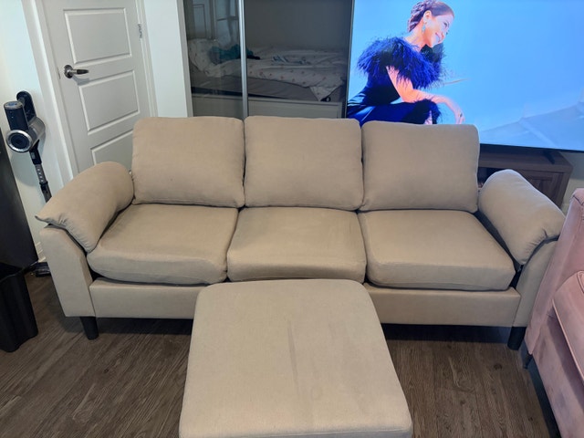 Beige Three-Seater Sofa with Matching Ottoman - photo 2