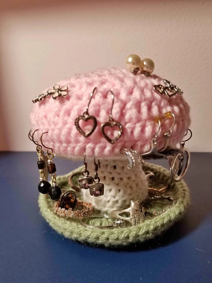 Jewelry Display Holder Pink Mushroom Crochet