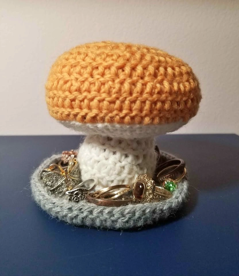 Orange Light Crochet Jewlery Holder Mushroom