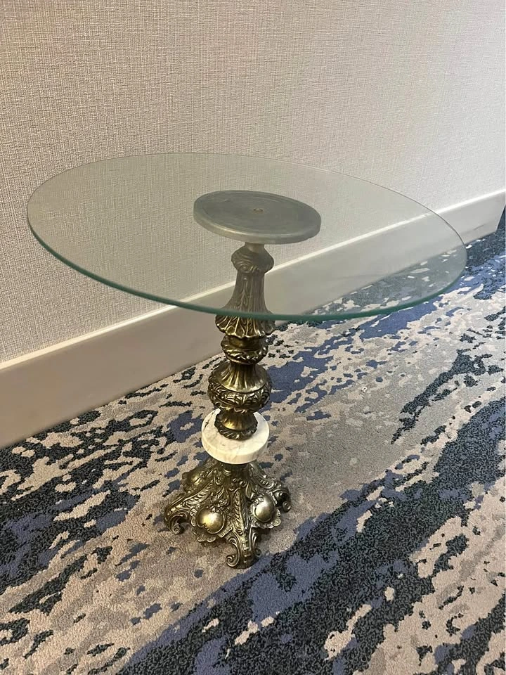 Vintage Ornate Brass and Marble Glass Top Side Table