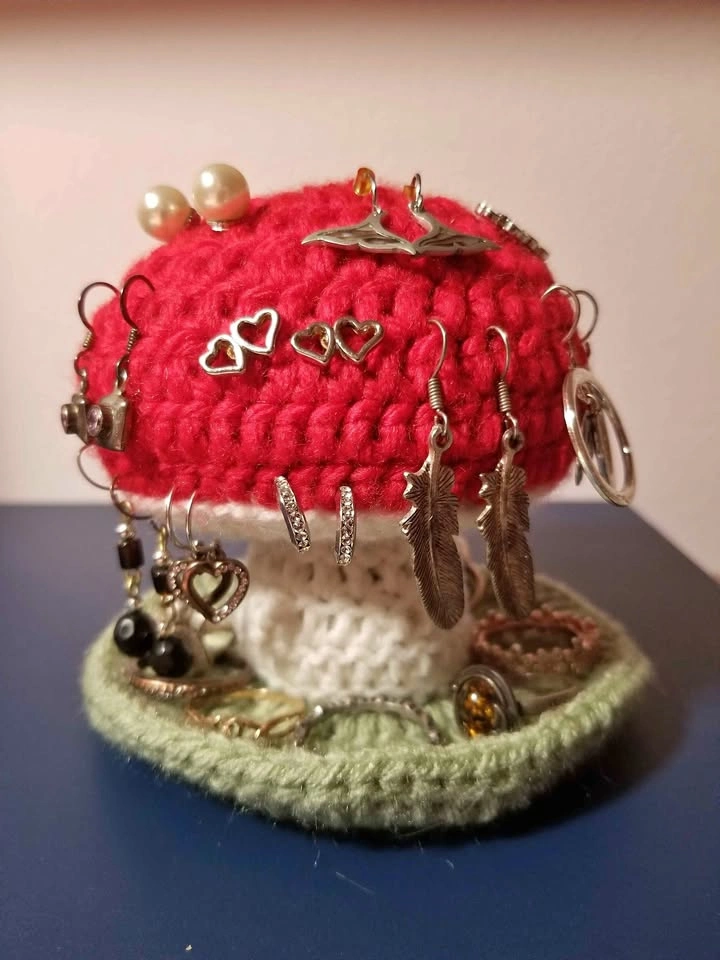 Jewelry Holder Display Red Mushroom Crochet