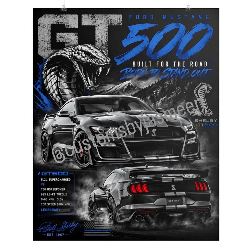 GT500 Shelby Mustang Poster 24" x 30" | Black Muscle Car Graphic