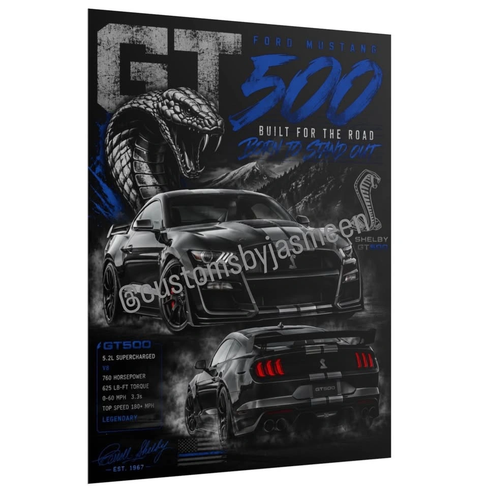 GT500 Shelby Mustang Poster 24" x 30" | Black Muscle Car Graphic - photo 2