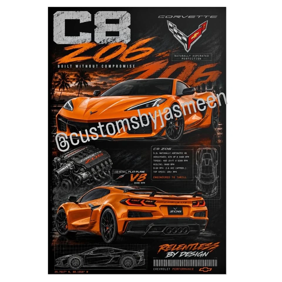 C8 Z06 Corvette 16" x 24" Poster | Sports Car, V8 Engine Specs