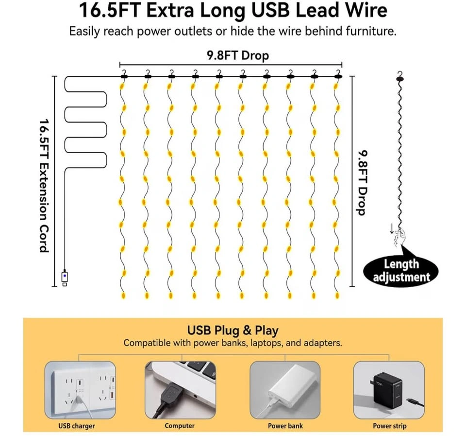 300 LED Curtain Fairy Lights with Remote, 9.8 × 9.8 Ft - photo 4