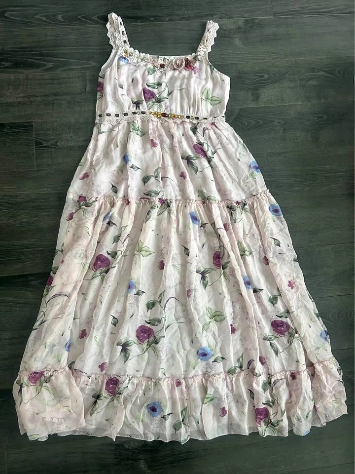 NWT Pink Mary Floral Chiffon Tiered Maxi Dress Rosette Lace