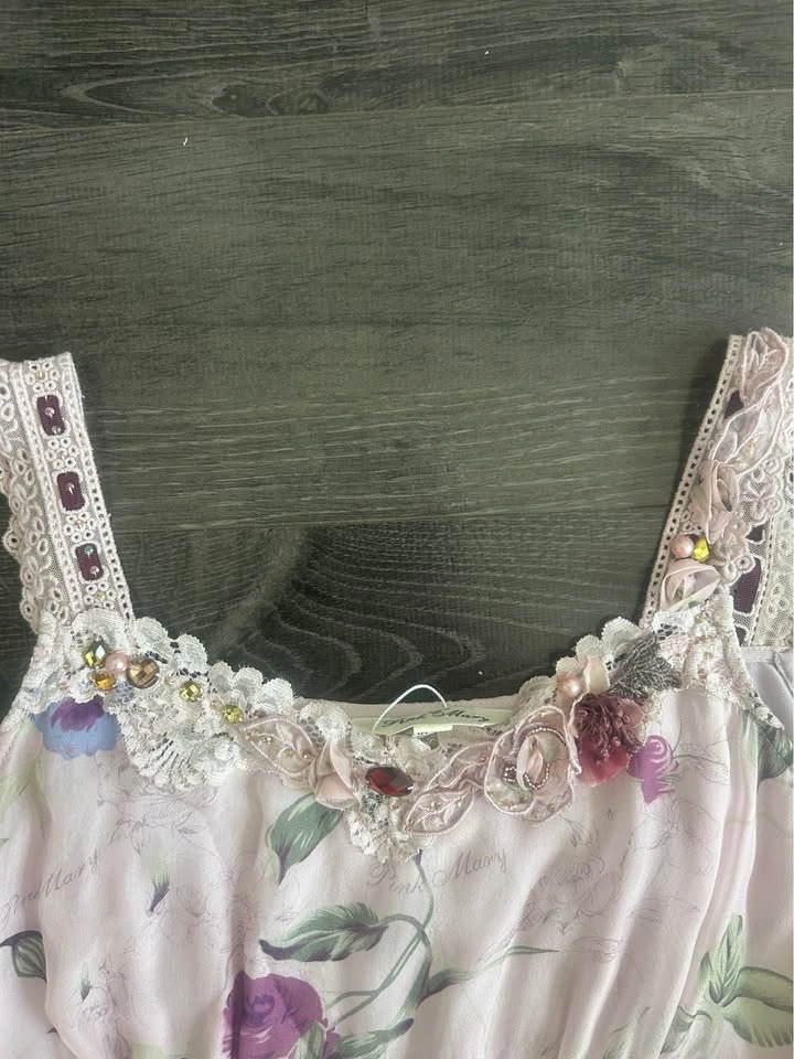 NWT Pink Mary Floral Chiffon Tiered Maxi Dress Rosette Lace - photo 2