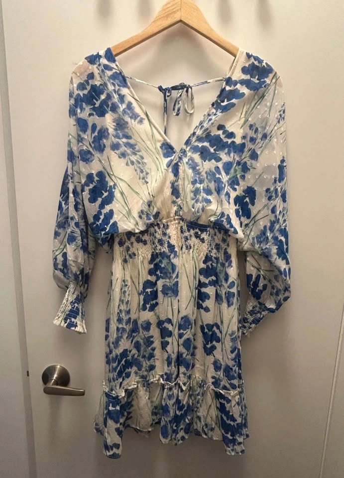Lovestitch Boho Blue Floral Swiss Dot Smocked Mini Dress S