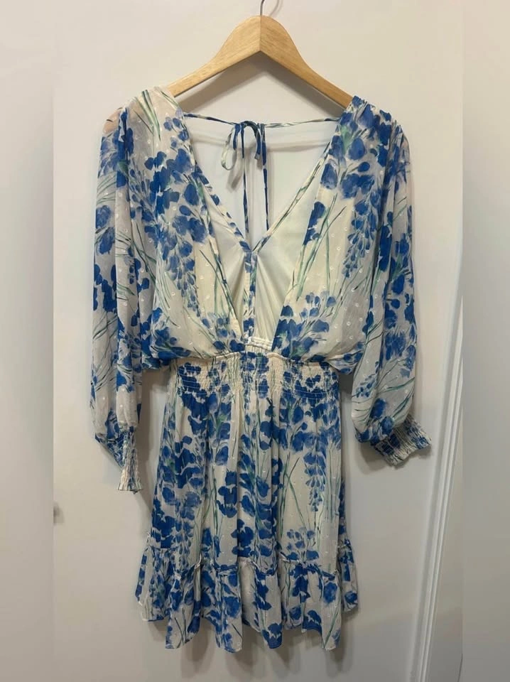 Lovestitch Boho Blue Floral Swiss Dot Smocked Mini Dress S - photo 2