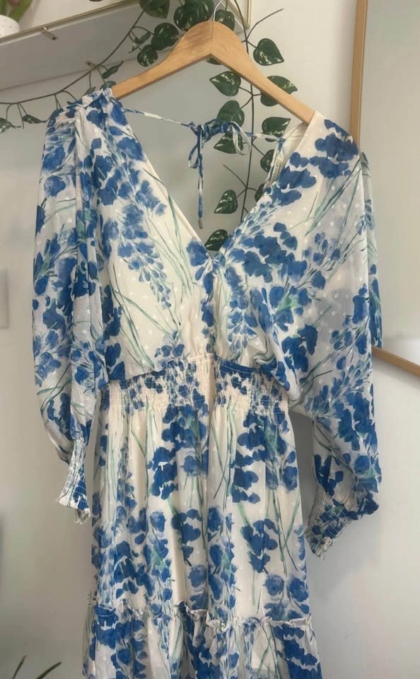 Lovestitch Boho Blue Floral Swiss Dot Smocked Mini Dress S - photo 3
