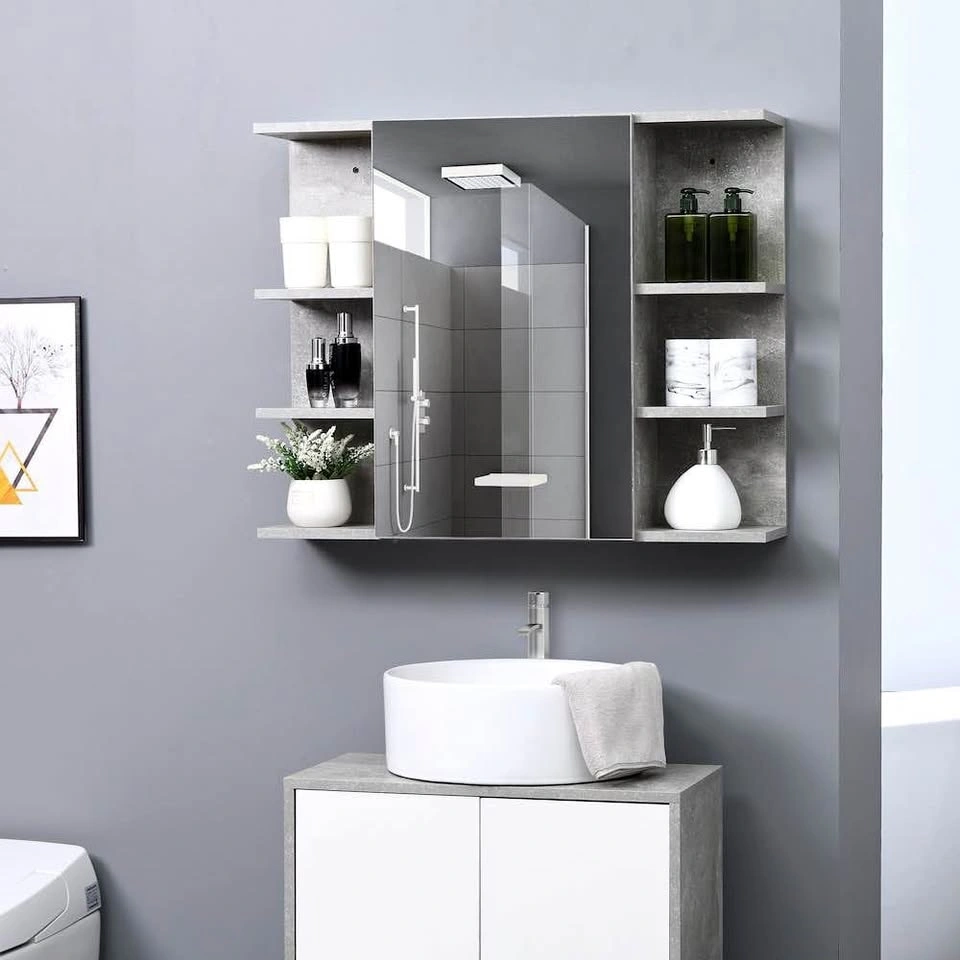 NEW Kleankin Bathroom Mirror Storage Cabinet | Concrete Grey Fin