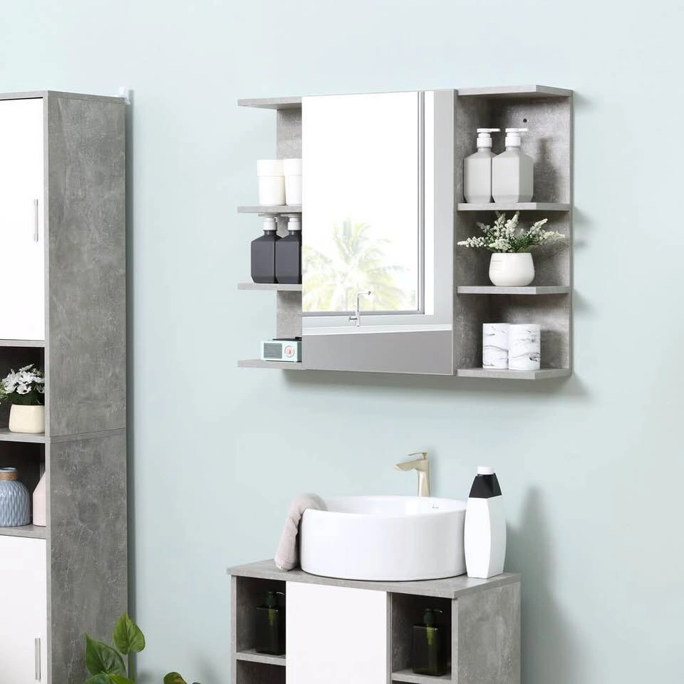 NEW Kleankin Bathroom Mirror Storage Cabinet | Concrete Grey Fin - photo 3