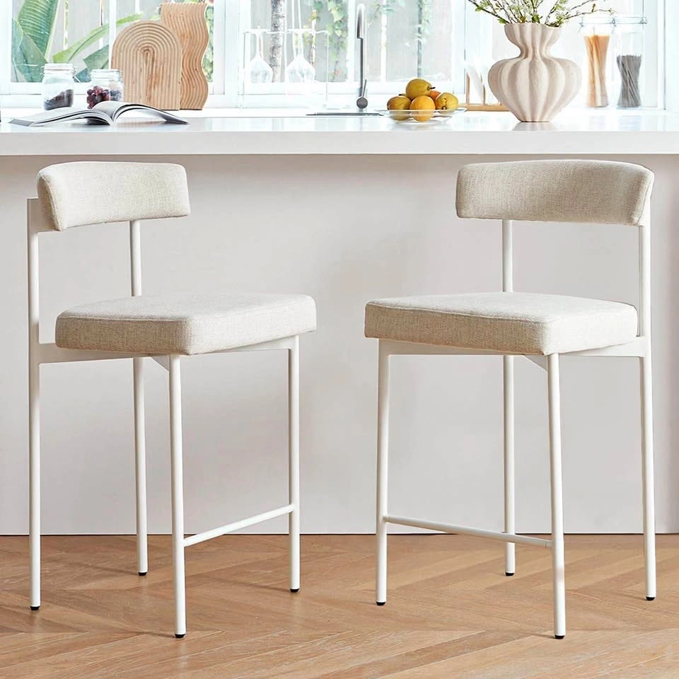 Counter Height Bar Stools Set of 2 | Beige Fabric | White Metal