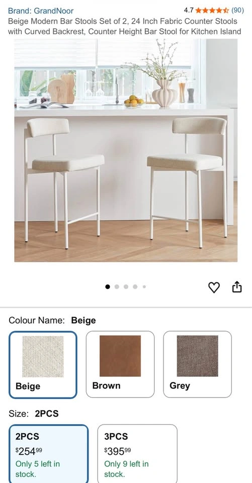 Counter Height Bar Stools Set of 2 | Beige Fabric | White Metal - photo 2