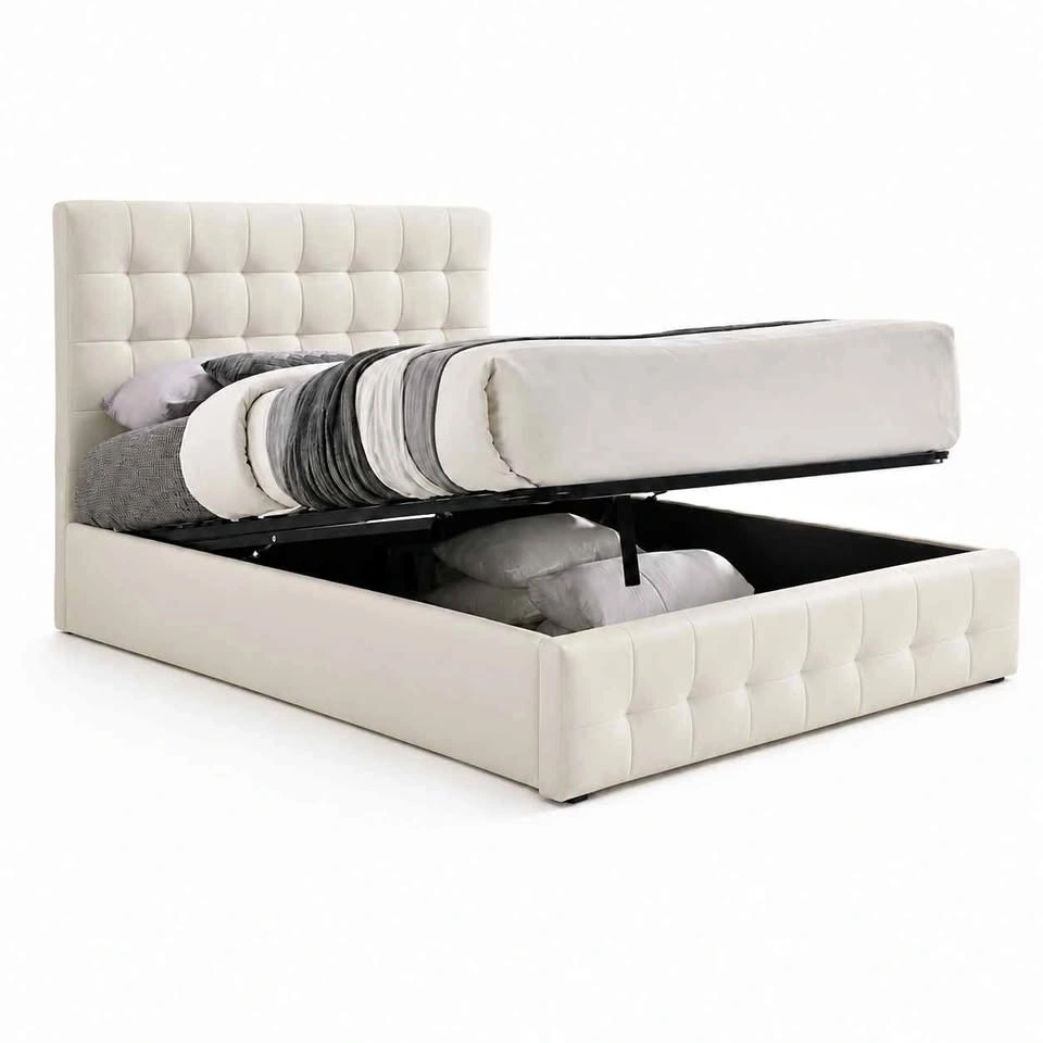 Queen Leather Hydraulic Lift Storage Bed | Cream White