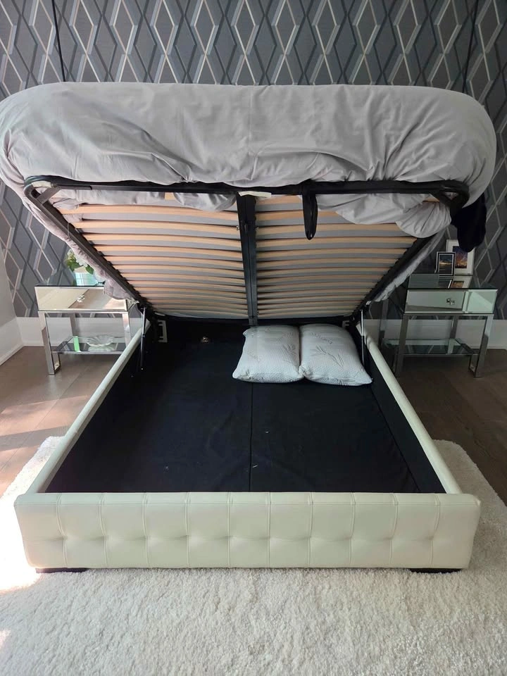 Queen Leather Hydraulic Lift Storage Bed | Cream White - photo 3