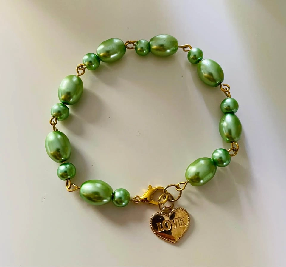Handmade Sage Green Pearl Bracelet with Gold "LOVE" Heart Charm