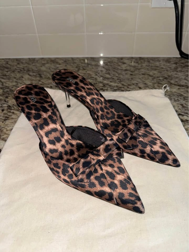 Zara Leopard Print Bow Kitten Heel Mules