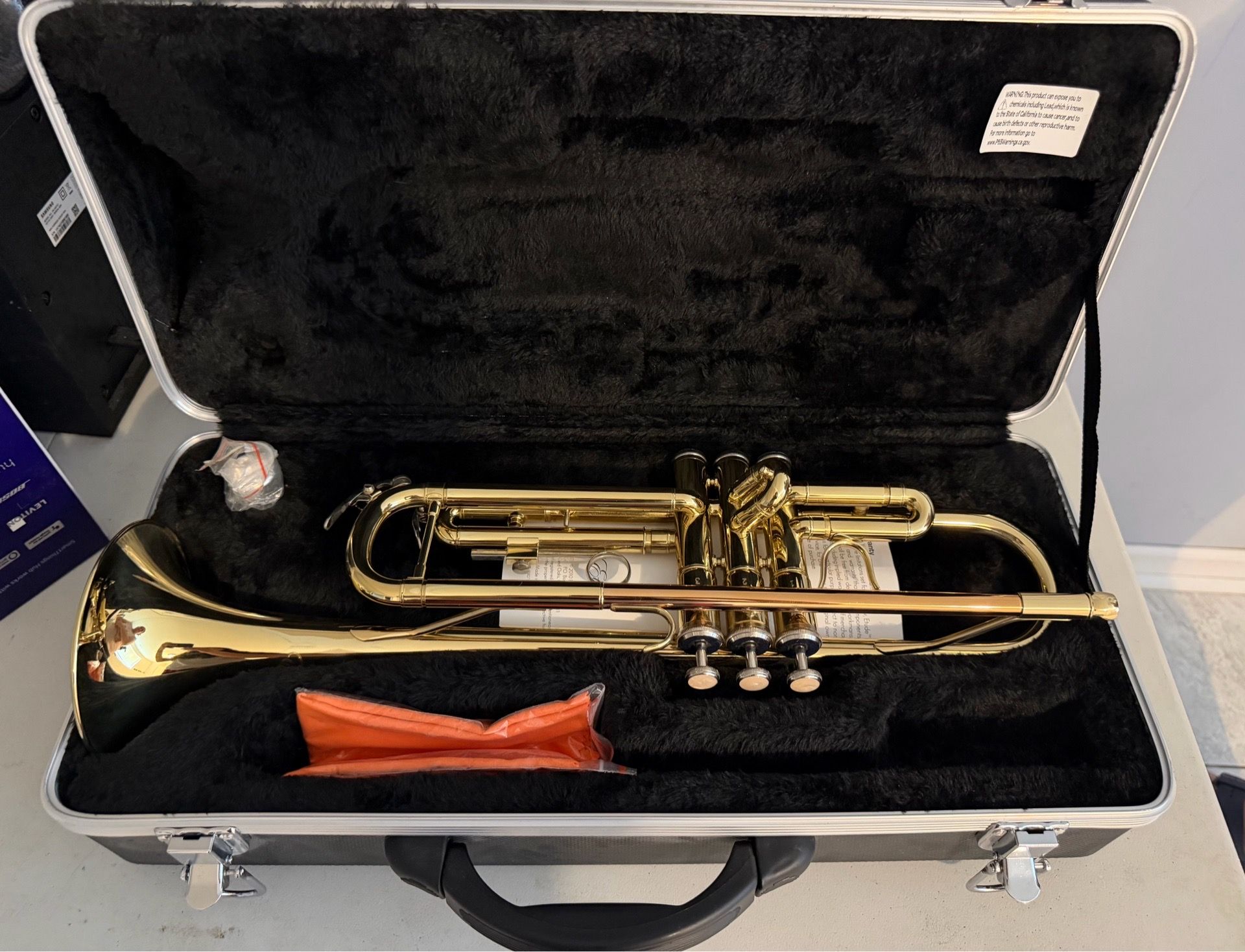Gold-colored Bb trumpet with hardshell case