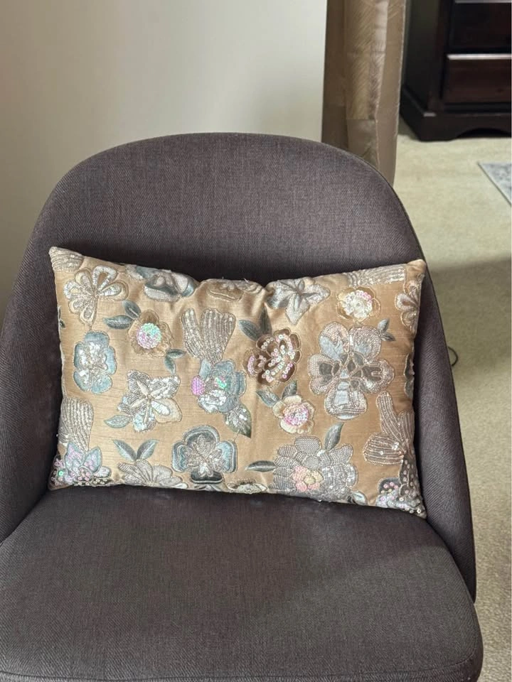 Embroidered Floral Lumbar Pillow with Sequins - photo 2