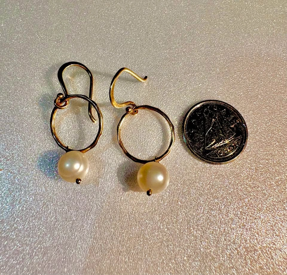 Vintage 18k Vermeil Gold Hoop Fresh Water Pearl Drop Earrings - photo 4