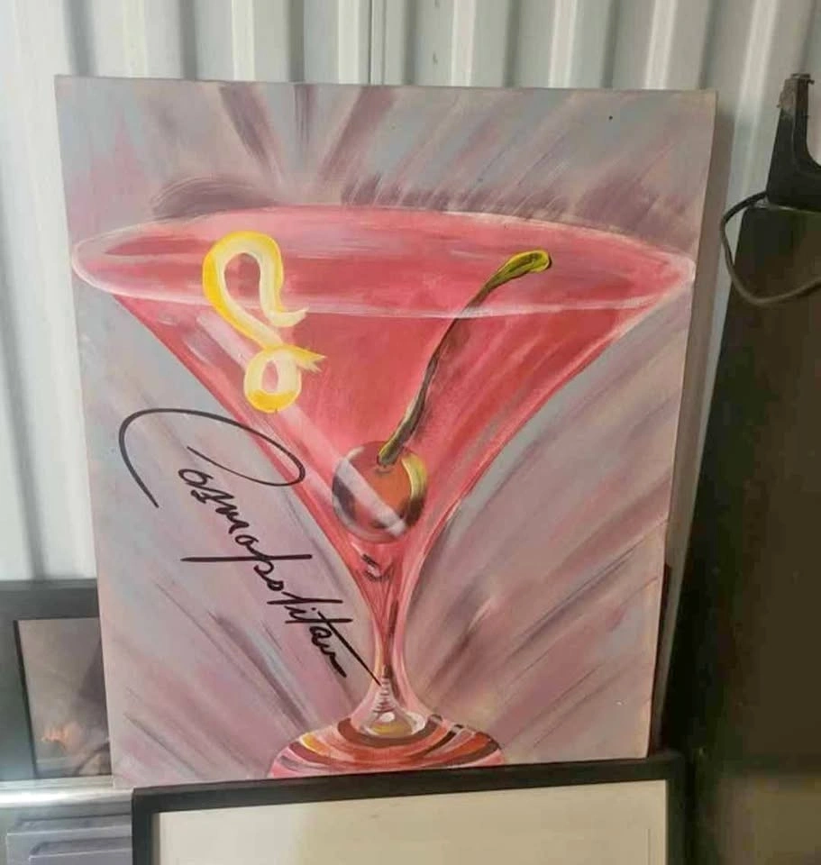Original Martini Cocktail Painting Pink Bar Art Canvas